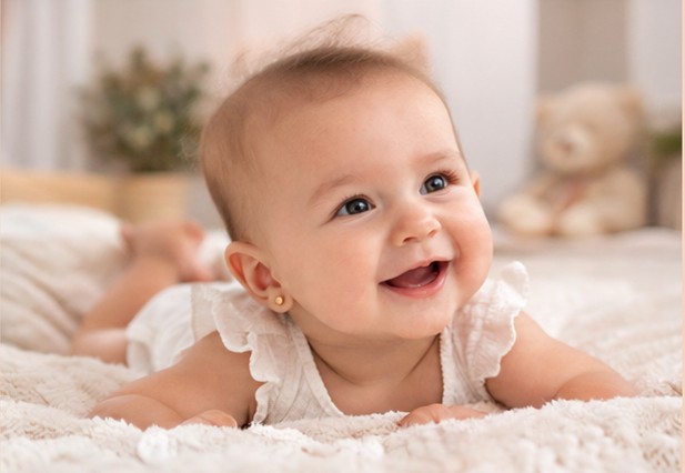 Bebê durante o furo de orelha humanizado